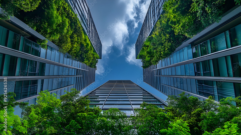 Sticker Aerial view of modern buildings surrounded by lush greenery.