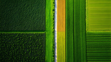 Aerial view of vibrant green and yellow agricultural fields.
