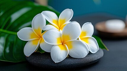 The image you provided showcases a serene and beautifully arranged spa setting. It features white frangipani flowers elegantly displayed in a bowl, with additional petals scattered around on a texture