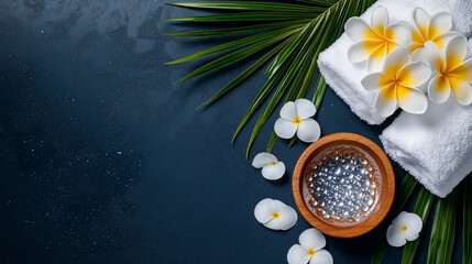 The image you provided showcases a serene and beautifully arranged spa setting. It features white frangipani flowers elegantly displayed in a bowl, with additional petals scattered around on a texture