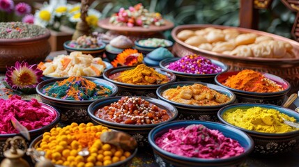 Colorful Bowls of Food and Spices on a Table