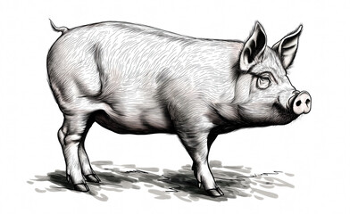 Fototapeta premium Pig, hog, boar. Vintage retro print, black white pig sketch ink pencil style drawing, linear drawing, engrave old school. Sketch artwork silhouette pig, hog, boar. Side view profile. Illustration