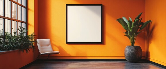 Modern Indoor Empty Frame With A Sculpture And An Orange Background 