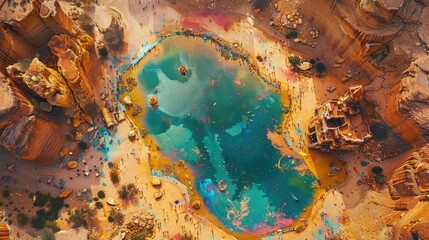 Aerial View of a Turquoise Lake Surrounded by Red Sandstone Cliffs