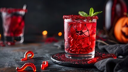 Blood Red Mocktail with Gummy Worm Garnish - Creepy and Sweet Halloween Drink