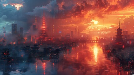 Sunset in the city of the future, panorama of a big city at a bright sunset. High quality photo