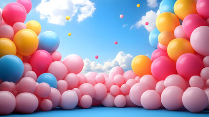 Colorful balloons in a bright sky create a festive atmosphere.