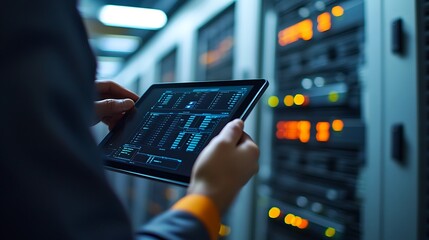 Data Center Technician Monitoring Server Performance on Tablet in an Expansive Room Filled with Servers