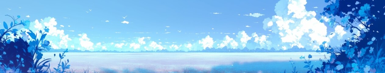 Fototapeta premium Enchanting Winter Rhododendron Wonderland: AI-Generated 4K Anime-Style Snowy Landscape. Vibrant Blue Sky and Delicate Flowers in Magical Snow Scene. Perfect for 2025 Winter, New Year, and Spring Festi