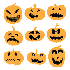 Halloween faces and pumpkins icon set. Spooky orange pumpkin smiles on white background. Emotional pumpkin face gestures for Halloween holiday and design decoration. Vector.