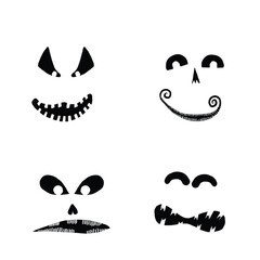 Monsters and creatures pumpkin carving templates emotion faces for Halloween Holidays. Cartoon faces, expressive eyes and mouth, smiling, crying face expressions. Caricature doodle. Isolated Vector.