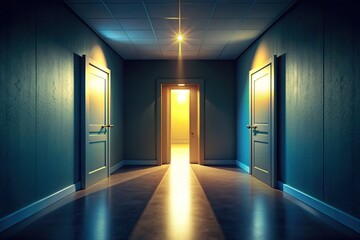 A dimly lit corridor with one open door revealing a bright room, while another door in the background remains closed, symbolizing choice and opportunity.