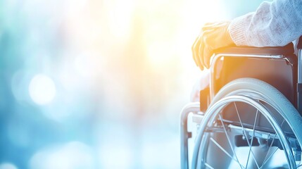 Close-up of a hand resting on a wheelchair, symbolizing mobility and independence in a bright, hopeful environment.