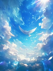 Enchanting Winter Wonderland: AI-Generated 4K Anime-Style Scene with Ethereal Doves and Sacred Light. Magical Snowy Landscape with Vibrant Blue Sky and Delicate Flowers. Perfect for 2025 Winter, New Y