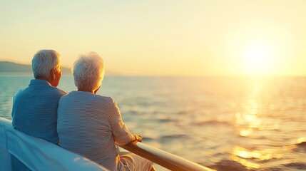 Fototapeta premium A joyful elderly couple enjoying a serene sunset by the ocean, symbolizing love, companionship, and life's beautiful moments.