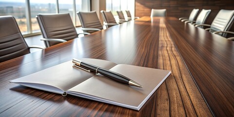 A glossy, trifold event booklet with embossed cover lies open on a sleek, wooden conference table, surrounded by scattered papers and a silver pen.