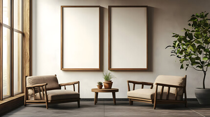 Cozy interior with two chairs, a table, and empty frames.