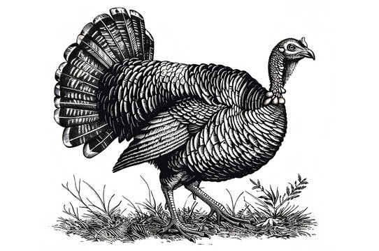 Turkey, sketch. Vintage retro print, turkey sketch ink pencil style drawing, linear drawing for Thanksgiving Day, engrave old school. Sketch artwork silhouette turkey. Side view profile. Illustration