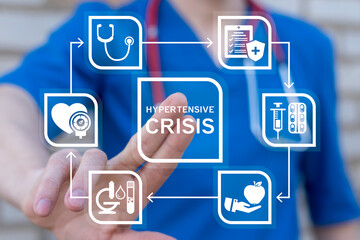 Cardiologist working on virtual touch screen presses inscription: HYPERTENSIVE CRISIS. Hypertension Heart Disease Medical concept. Hypertensive crisis examination, treatment, diet.
