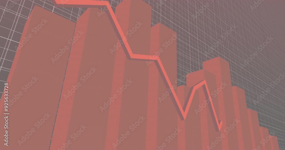 Sticker Declining bar chart and line graph animation over grid background