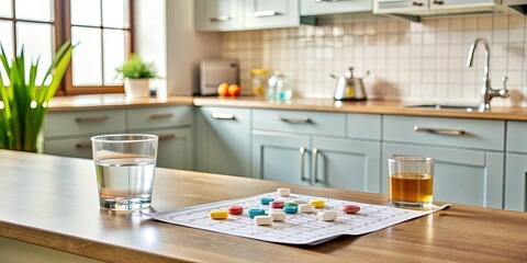 A modern kitchen countertop with a medication schedule chart, pills, and a water glass, showcasing a convenient setup for managing prescription medication at home.