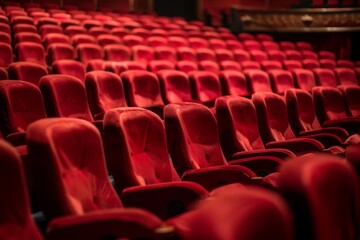 Fototapeta premium Empty red theater seats viewed across several rows.