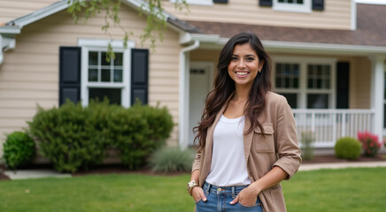 A middle-aged, latina philippine woman proudly stands in front of her house, smiling confidently as a proud homeowner and achiever.