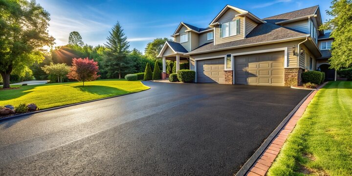 A perfectly paved asphalt driveway with a fresh layer of dark sealcoat glistens in the sunlight, showcasing a well-maintained residential exterior.