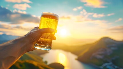 Serene Sip: Person Holding Beer Mug with Majestic Mountain View - Nature and Relaxation Concept