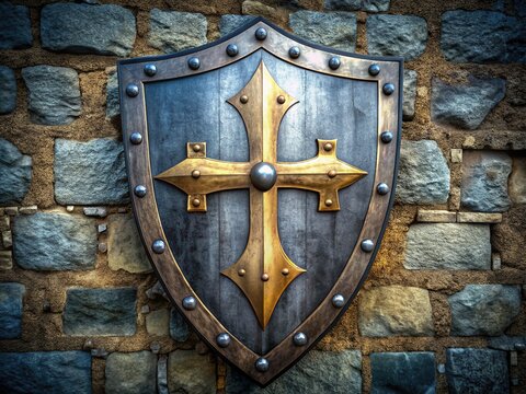 A robust medieval knight's shield with a bold silver cross on a blue background, adorned with golden rivets, leaning against a stone castle wall.