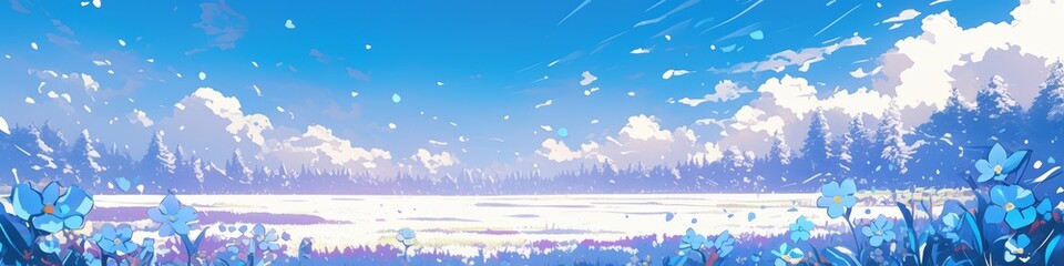 Fototapeta premium Enchanting Winter Wonderland: AI-Generated 4K Anime-Style Snowy Landscape with Orchids. Vibrant Blue Sky and Delicate Flowers in Magical Snow Scene. Perfect for 2025 Winter, New Year, and Spring Festi