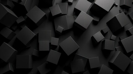 Abstract monochromatic cubes create a chaotic arrangement, emphasizing depth and dimension against a solid black background, evoking a sense of dynamic movement.