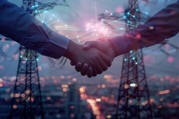 business people holding hands,closeup hand check Overlay with high voltage transmission towers with line data hologram with city background