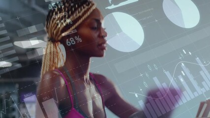 Exercising on treadmill, woman with graphs and percentages animation overlaying