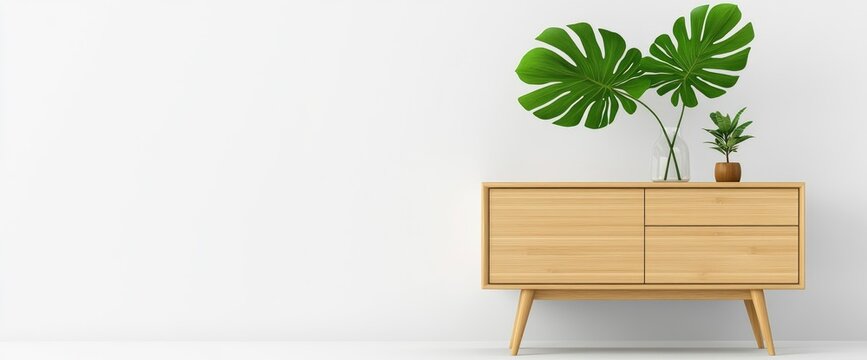 Scandinavian Home With Wooden Commode And Tropical Leaf In Vase