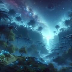 Fototapeta na wymiar a high-definition wallpaper of an alien jungle under a starry sky