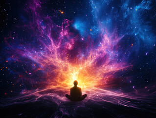 A person meditates in a cosmic landscape of vibrant energy and colorful nebula under a star-filled sky, representing inner peace and enlightenment.