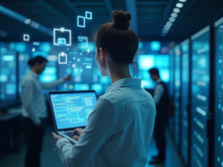 Confident woman with arms crossed in a high-tech office, using a laptop with holographic displays and busy technology backdrop.
