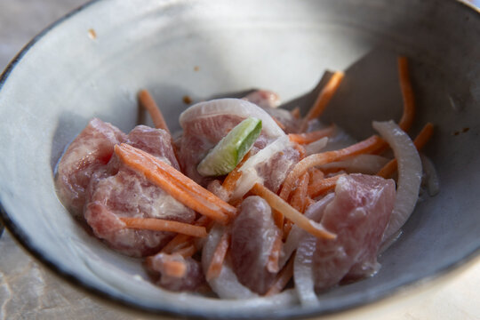 Poisson Cru consisting of marinated raw fish is a popular dish in French Polynesia islands including Bora Bora, Taha'a, Tahiti, and Moorea. 