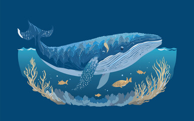 blue whale with golden corals