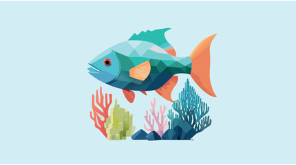 blue fish checkered style with corals in the background