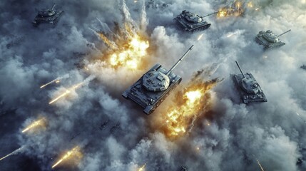 Aerial View of Tanks Firing in a Smoky Battlefield