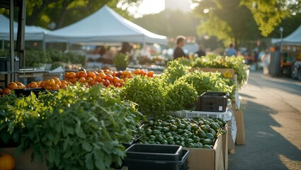 A Scenic Farmers' Market Bursting with Fresh Produce: Colorful Fruits and Vegetables Await in a Lively Setting Filled with Sunshine and a Community Atmosphere.