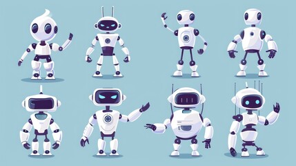 Naklejka premium Cartoon Robots: A Collection of White and Grey Friendly Robots