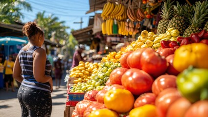 A lively street market bursting with fresh fruits and vegetables, showcasing colorful produce and an engaging community atmosphere filled with vibrant energy and local culture.