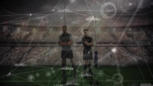 Data analytics and network connections animation over soccer players in stadium
