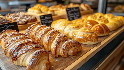 Indulge in a Display of Artisanal Pastries: Layers of Flaky Goodness Await Your Senses in This Tempting Bakery Showcase Crafted with Care and Passion.