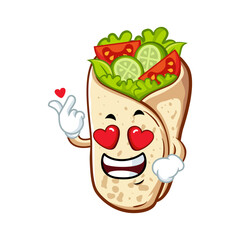 Cute cartoon burrito character in love making heart sign. Funny fast food vector illustration.