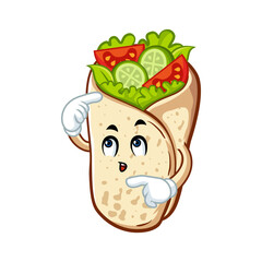 A cartoon shawarma wrap character looking confused and unsure, scratching its head in contemplation.