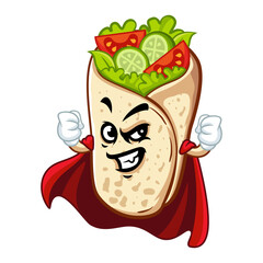 Cartoon superhero burrito with a red cape, flexing its muscles.